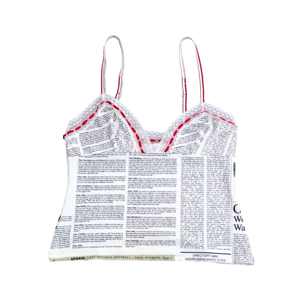 John Galliano Newspaper Print Camisole Top XL Lace Trim France Y2K Designer Rare